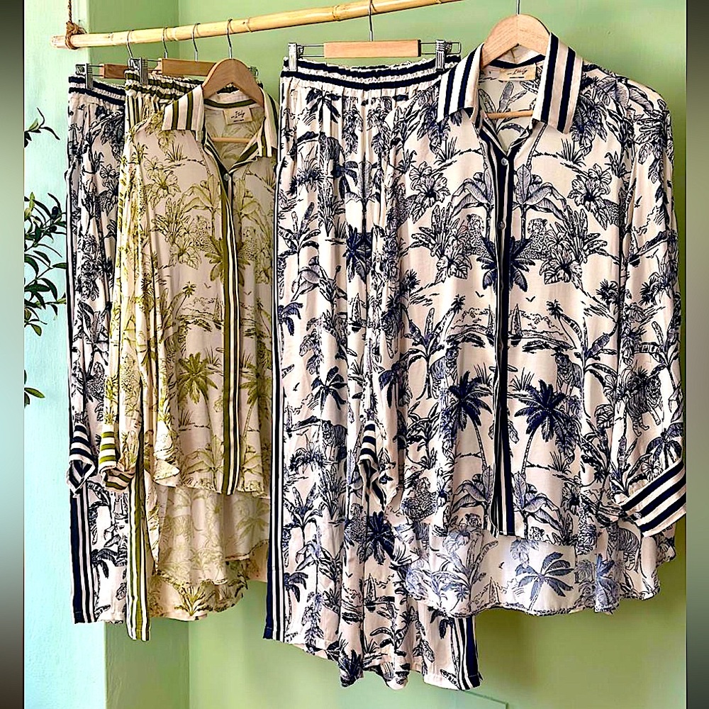 Italian Satin Tropical Jungle Print 2 Piece Set Women Palm Shirt Pants OS - Picture 6 of 11